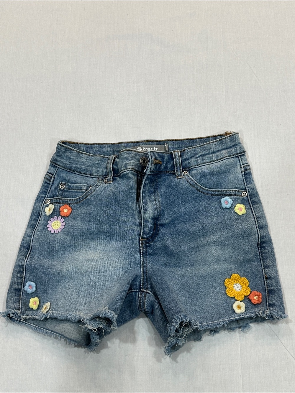 Tractr Girls Floral Crochet Denim Shorts Frayed Hem Size 10